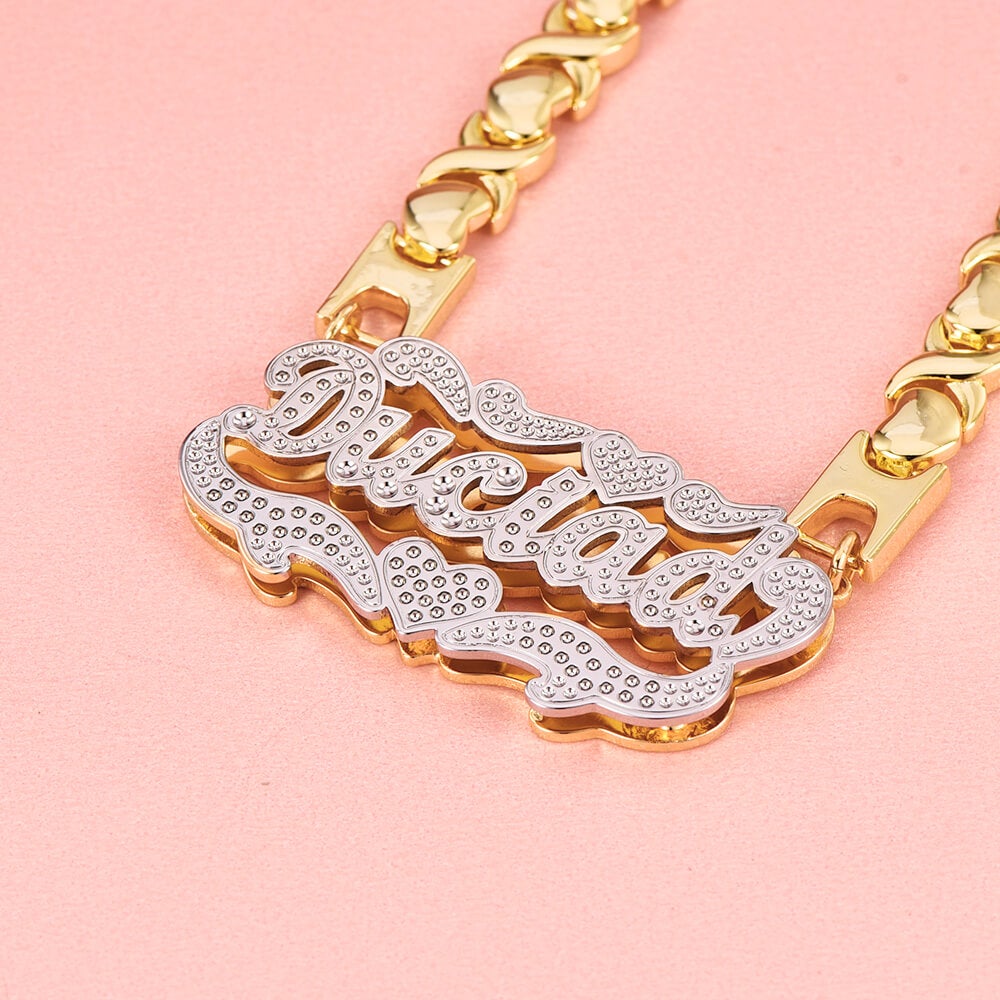 Double Layer Two Tone Nameplate Heart with XOXO Chain Personalized Custom Gold Plated Name Necklace-silviax