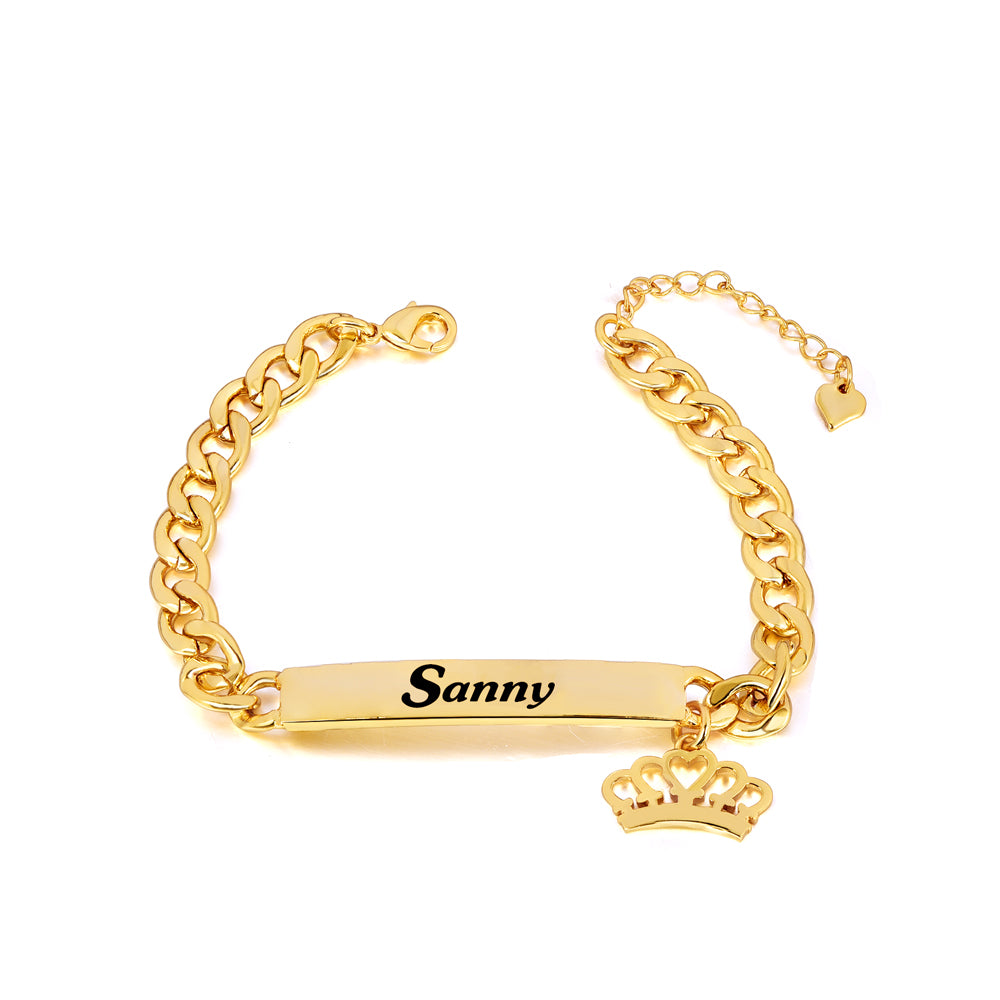 Gold Plated Personalized Cuban Chain Engraved Name Bar Bracelet with Crown Pendant-silviax