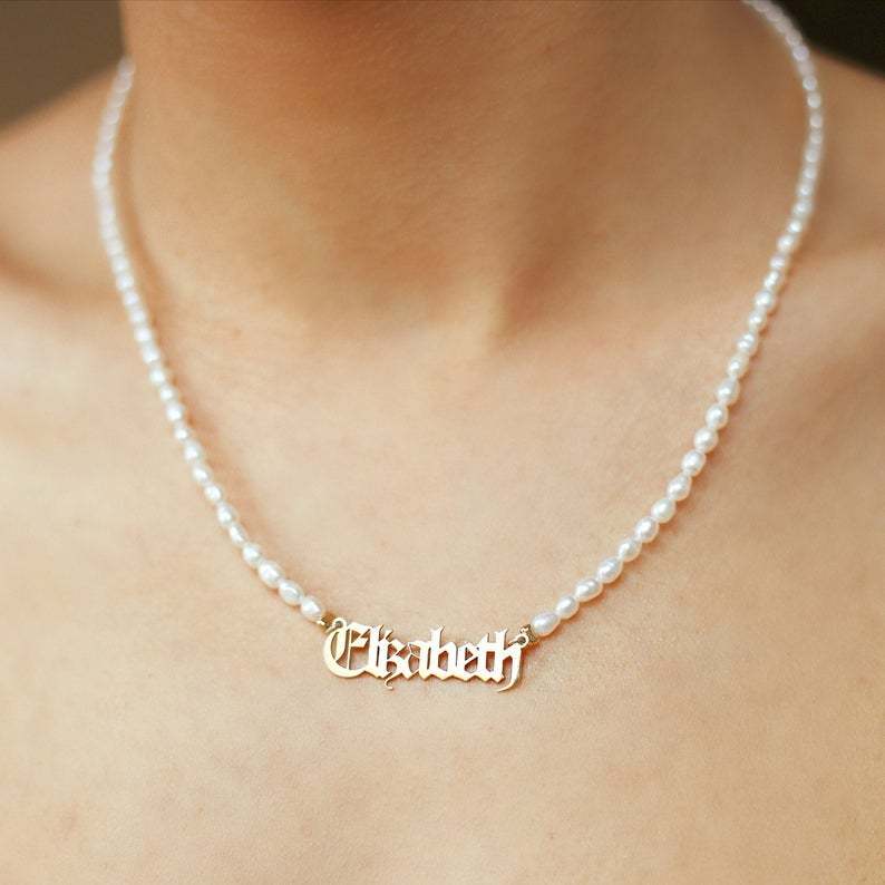 Old English Font with Pearl Chain Personalized Custom Gold Plated Name Necklace-silviax