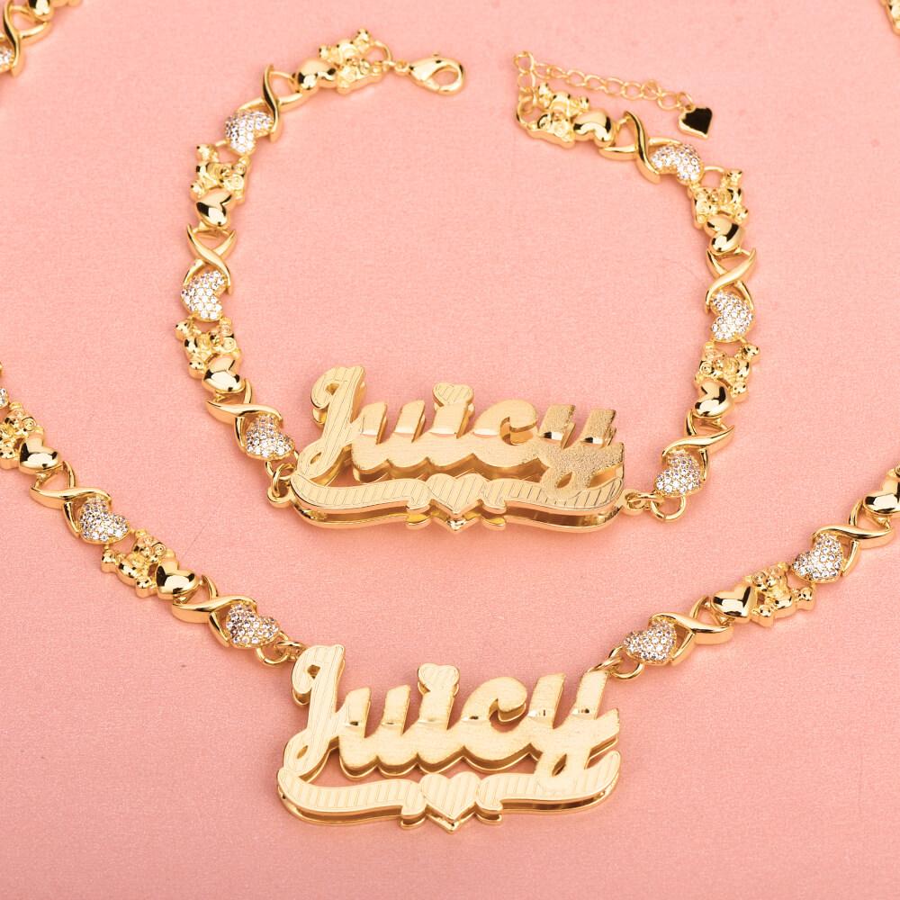Teddy XOXO Chain Double Layer Heart Personalized Custom Gold Plated Name Necklace and Bracelet Set-silviax