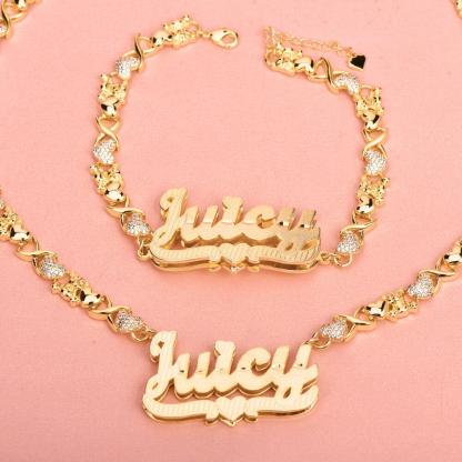 Teddy XOXO Chain Double Layer Heart Personalized Custom Gold Plated Name Necklace and Bracelet Set-silviax