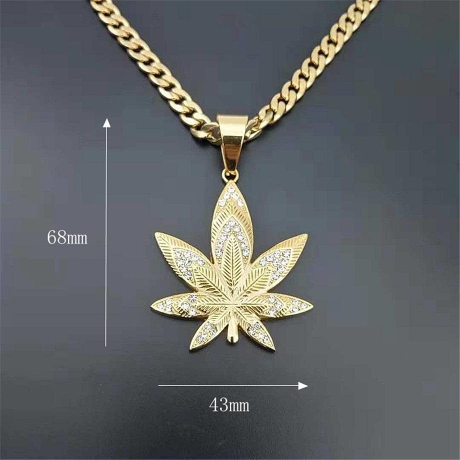 Hemp Leaf Pendant Necklace with Rhinestones Gold Plated Jewelry Gift for Men Dad-silviax