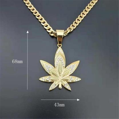 Hemp Leaf Pendant Necklace with Rhinestones Gold Plated Jewelry Gift for Men Dad-silviax
