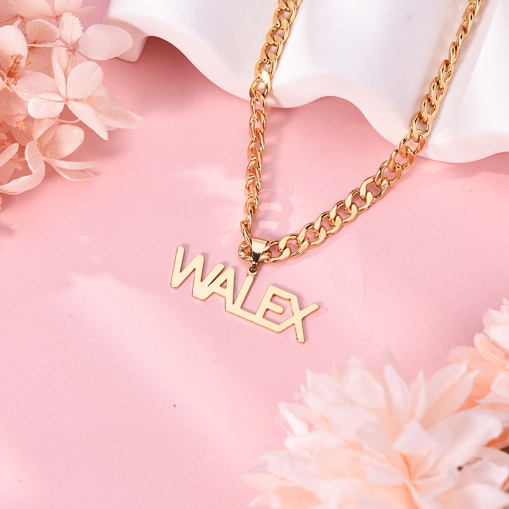 Capital Letter Nameplate Pendant Personalized Custom Name Necklace  6mm Cuban Chain-silviax