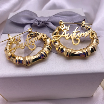 Princess Crown Nameplate Personalized Custom Gold Plated Bamboo Name Earrings Kids Gift-silviax