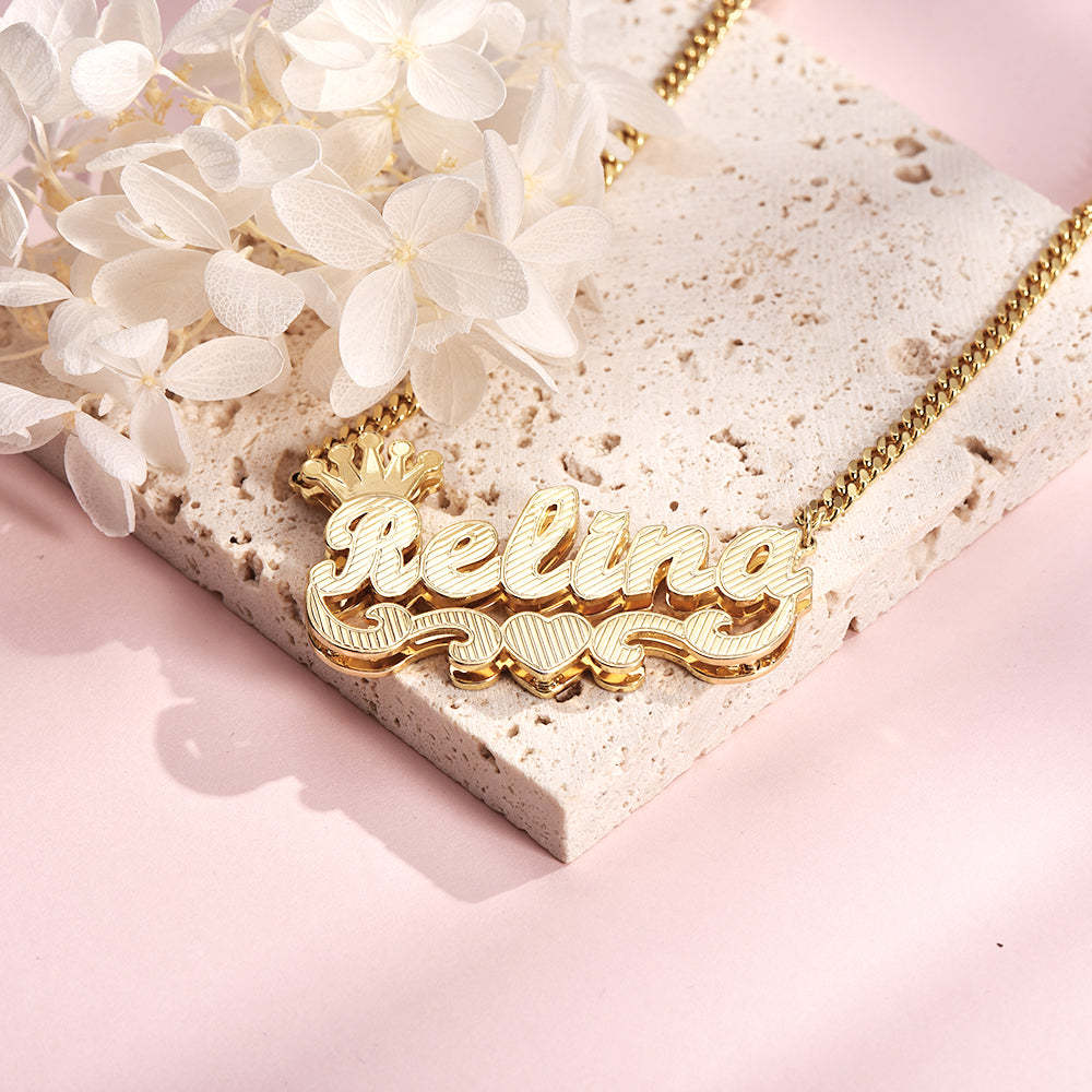 Teddy XOXO Chain Crown Heart Name Bracelet and Double Layer Crown Heart Name Necklace Personalized Custom Gold Plated Set-silviax