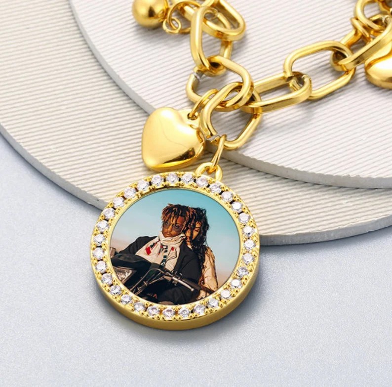 Gold Plated Multilayer Drop Heart Personalized Custom Photo Medallions Bracelet Couple Jewelry Gifts