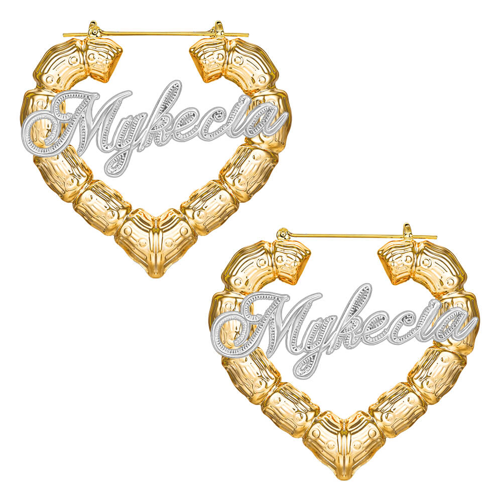 Two Tone Heart Bamboo Earrings Personalized Custom Gold Plated Name Earrings-silviax