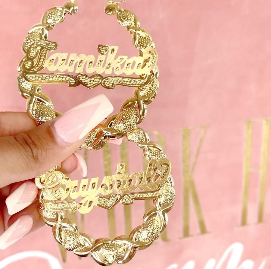 XOXO Bamboo Earrings with Heart Personalized Custom Gold Plated Name Earrings-silviax