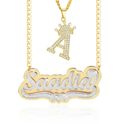 Double Layer Name Necklace with Heart and Initial Necklace with Crown Personalized Jewelry Set-silviax