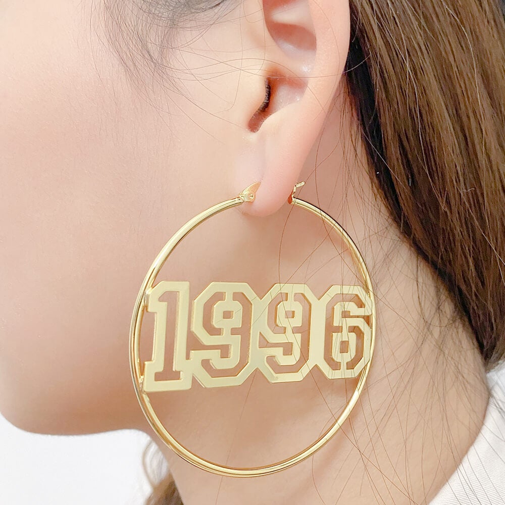 Hollow Number Year Nameplate Personalized Custom Gold Plated 60mm Hoop Earrings-silviax