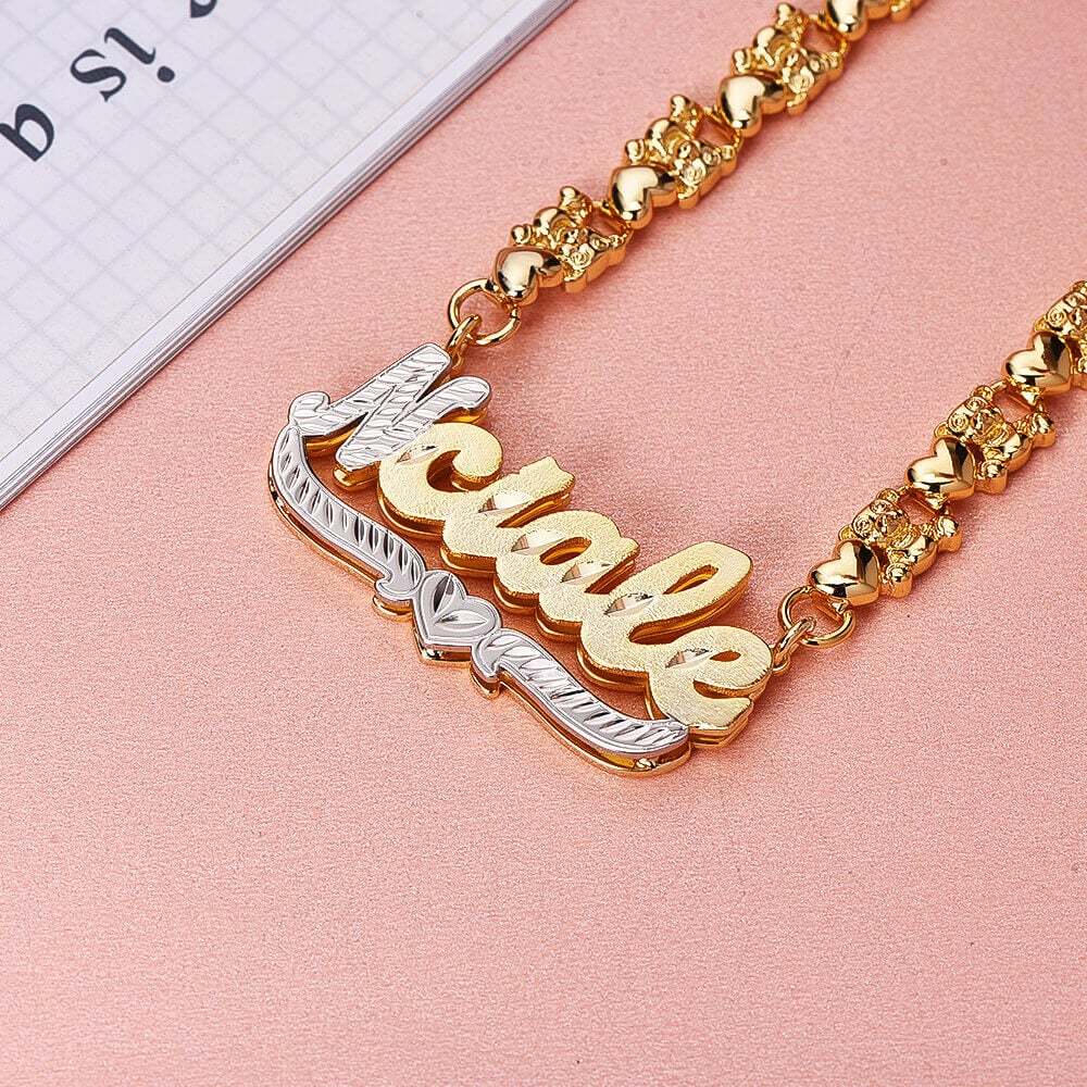 Double Layer Two Tone Teddy Bear XOXO Chain with Heart Personalized Custom Gold Plated Name Necklace and Bracelet Set-silviax