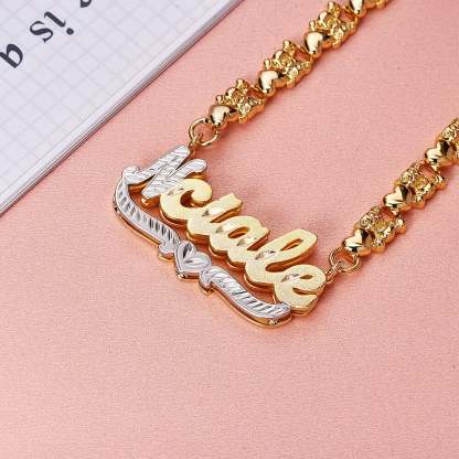 Double Layer Two Tone Teddy Bear XOXO Chain with Heart Personalized Custom Gold Plated Name Necklace and Bracelet Set-silviax