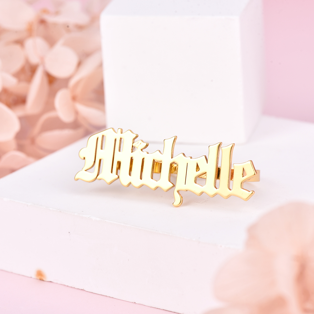 Persnalized Custom Gold Plated Double Finger Old English Font Name Ring-silviax