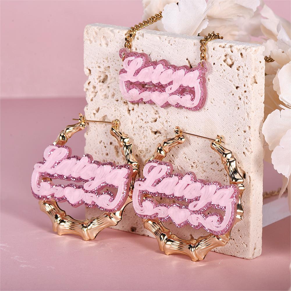 Personalized Pink Acrylic Heart Name Necklace Bamboo Hoop Earrings Set-silviax