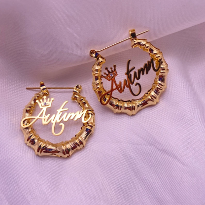 Princess Crown Nameplate Personalized Custom Gold Plated Bamboo Name Earrings Kids Gift-silviax
