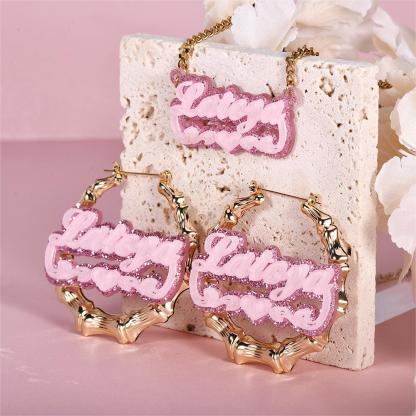 Personalized Pink Acrylic Heart Name Necklace Bamboo Hoop Earrings Set-silviax