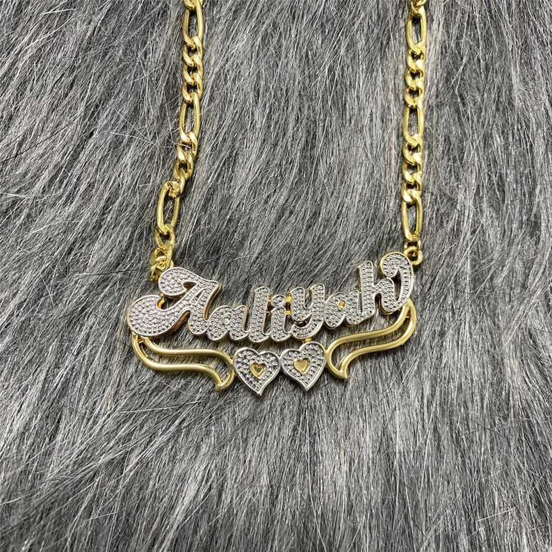 Double Layer Two Tone Two Hearts Personalized Custom Gold Plated Name Necklace-silviax
