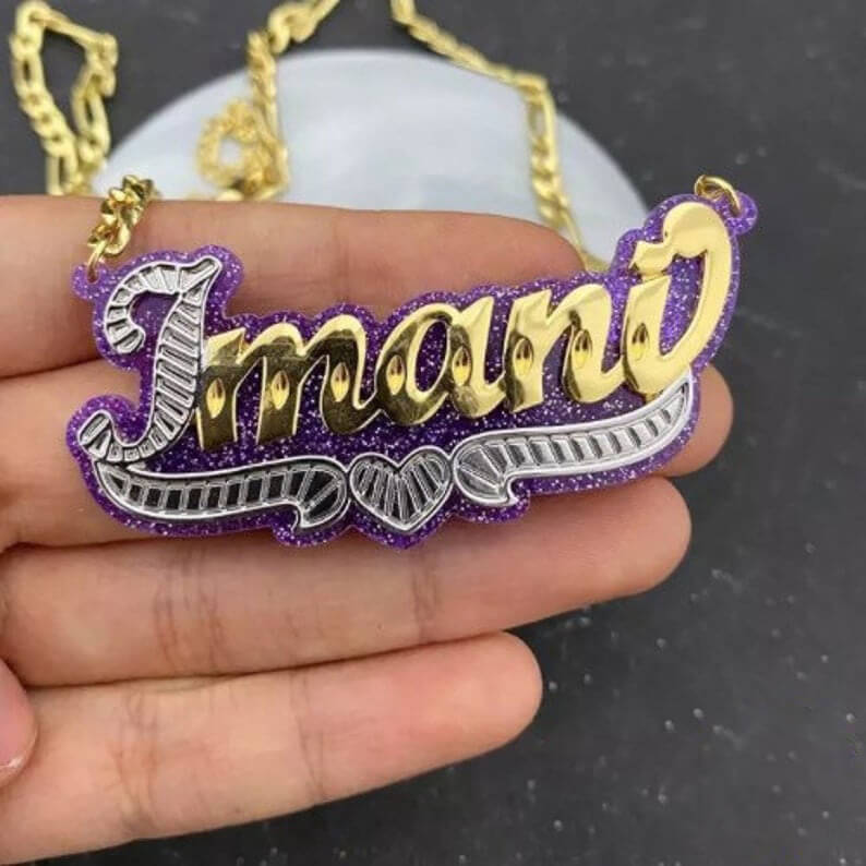 Purple Acrylic Double Layer Two Tone Heart Personalized Custom Gold Plated Name Necklace-silviax