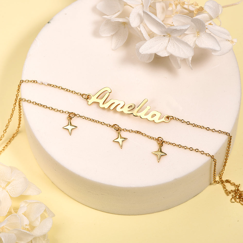 Gold Plated Personalized Double Layer Little Stars Pendant Name Bracelet-silviax