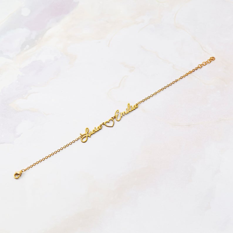 2 Names with Heart Personalized Custom Gold Plated Name Bracelet-silviax