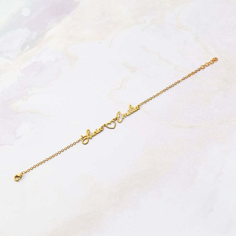 2 Names with Heart Personalized Custom Gold Plated Name Bracelet-silviax