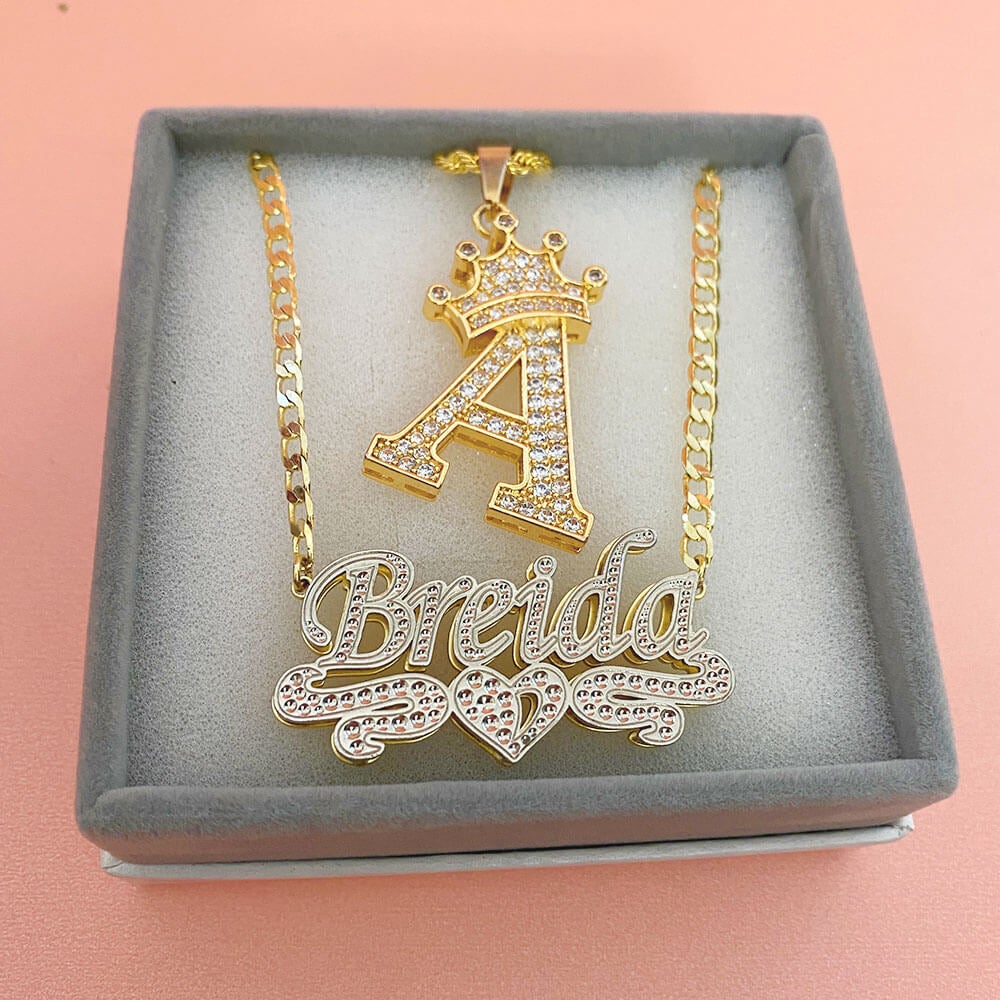 Crown Initial Necklace And Double Layer Two Tone With Heart Personalized Jewelry Set-silviax
