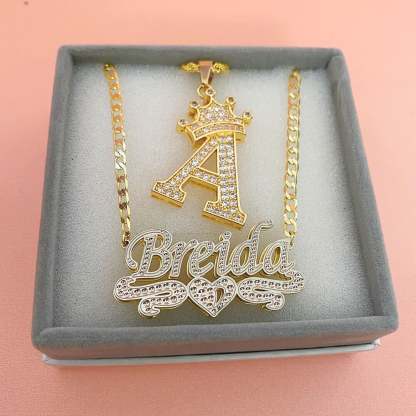 Crown Initial Necklace And Double Layer Two Tone With Heart Personalized Jewelry Set-silviax