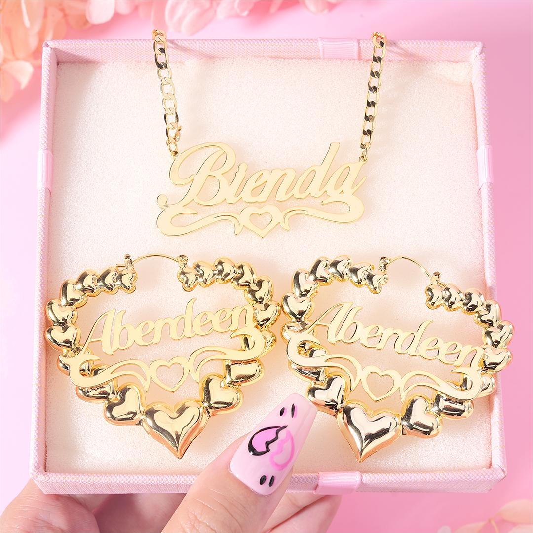 Personalized Hollow Heart Name Necklace And Bambom Earrings Jewelry Set 2pcs