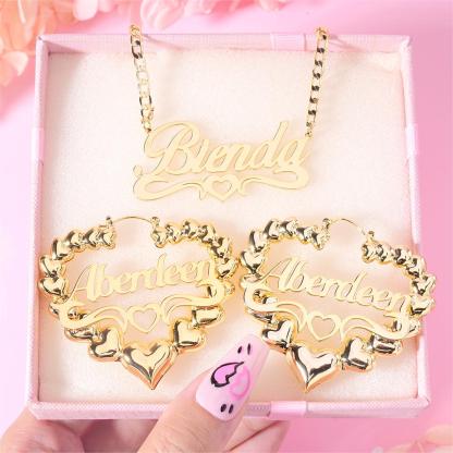 Personalized Hollow Heart Name Necklace And Bambom Earrings Jewelry Set 2pcs