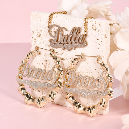 Bling Bling Nameplate with Heart Personalized Necklace Bamboo Earrings Set-silviax