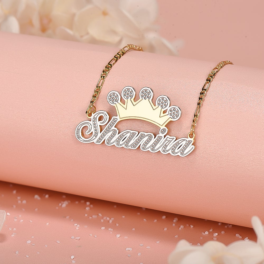 Two Tone Crown Personalized Custom Name Necklace Gold Plated-silviax