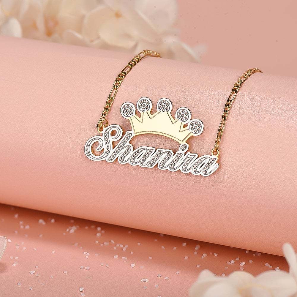 Two Tone Crown Personalized Custom Name Necklace Gold Plated-silviax