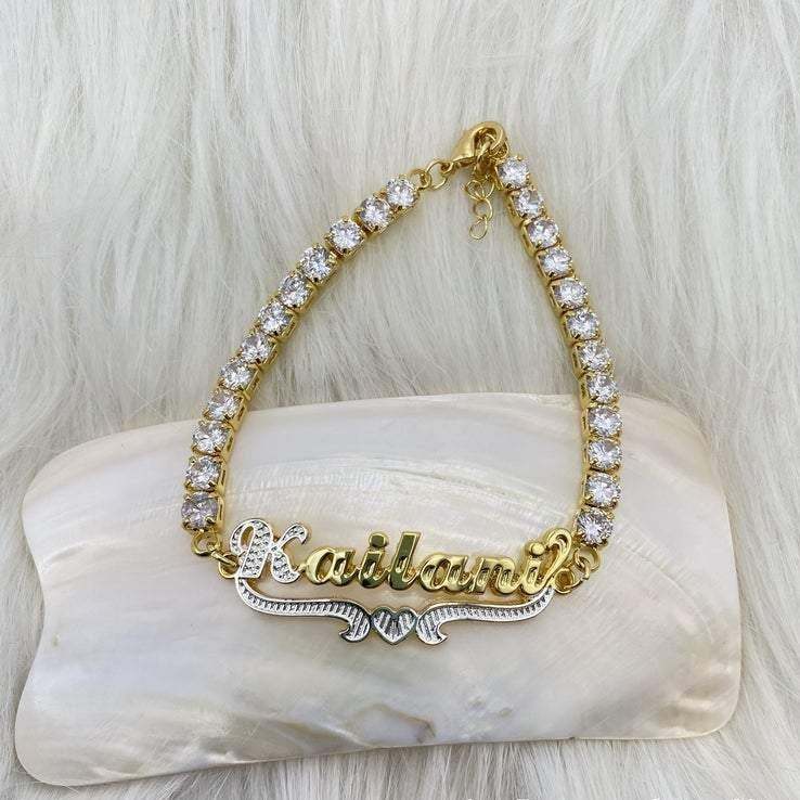 Tennis Chain Double Layer Two-tone Heart Personalized Custom Gold Plated Name Anklet-silviax