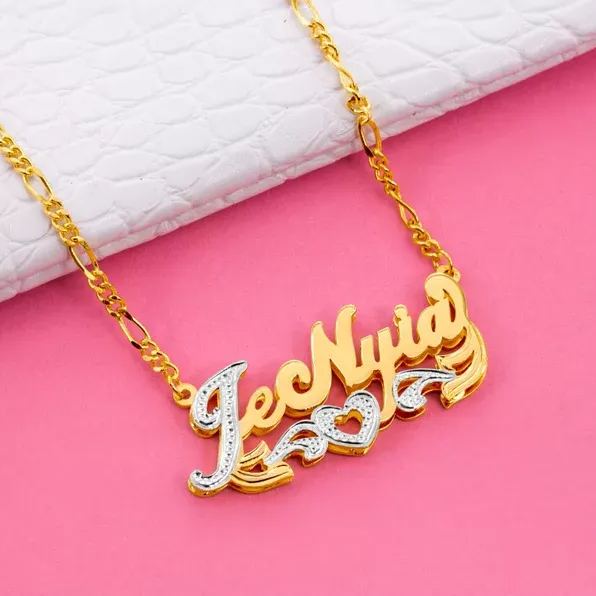 Double Layer Two Tone Hollow Heart Personalized Custom Gold Plated  Name Necklace-silviax