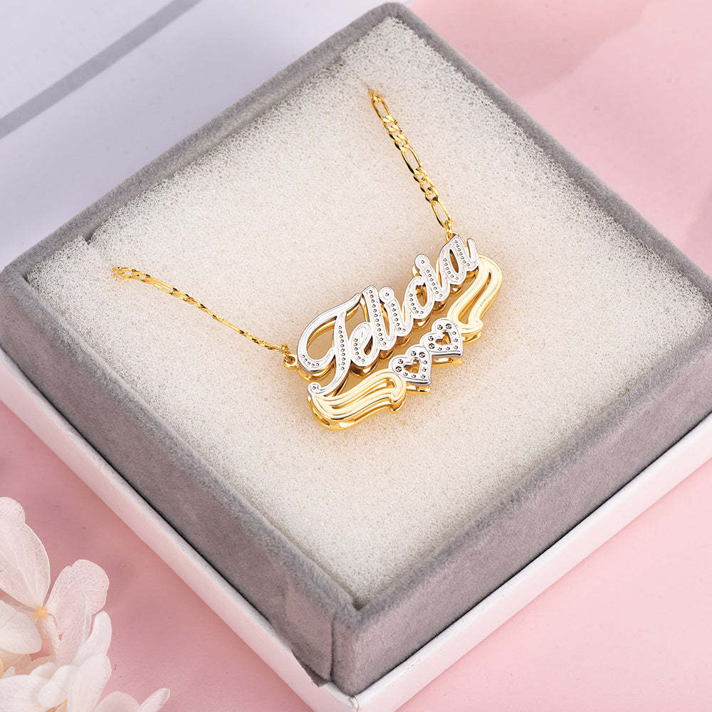 Two Tone Gold Plated Personalized Hollow Heart Double Plate 3d Name Necklace 