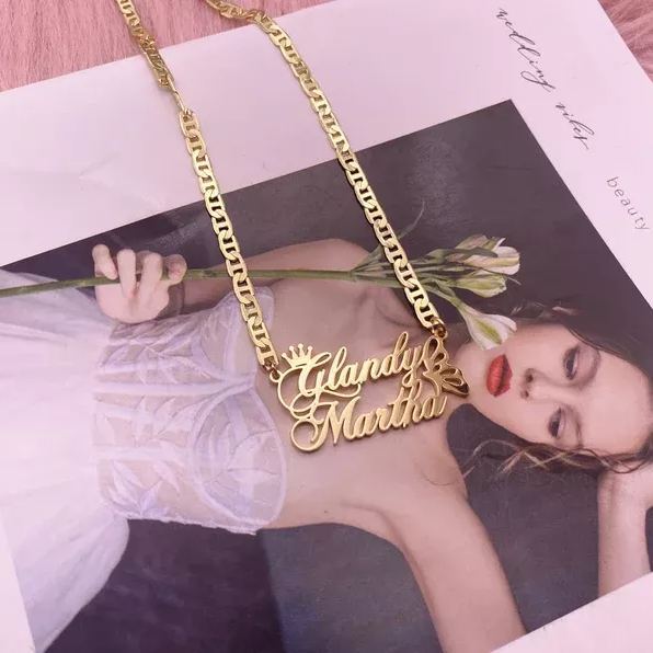 Mariner Chain Butterfly and Crown Two Name Pendant Personalized Custom Gold Plated Name Necklace Women Gifts-silviax