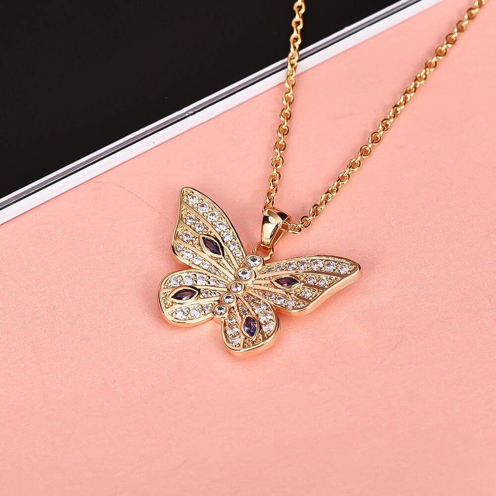 Butterfly Inlay Zircon Pendant Gold Plated Necklace-silviax
