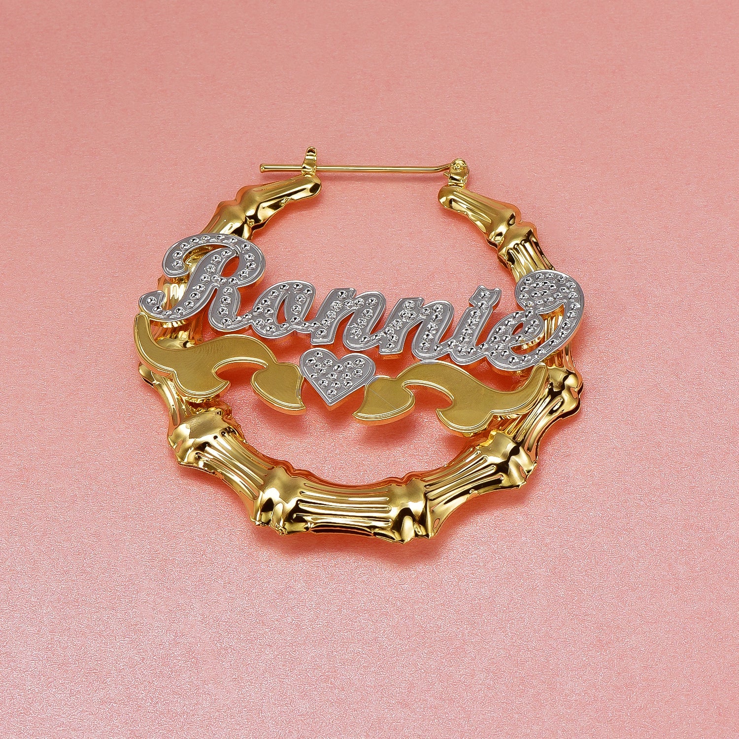 Two Tone Heart Gold Plated Bamboo Name Custom Earrings-silviax