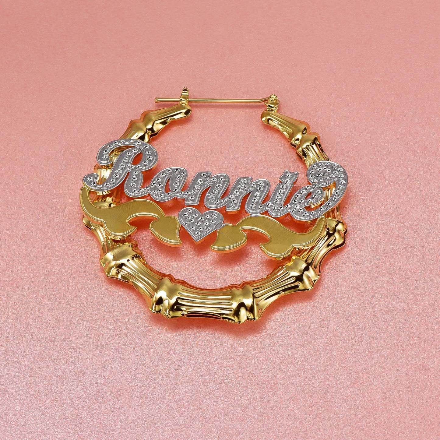 Two Tone Heart Gold Plated Bamboo Name Custom Earrings-silviax