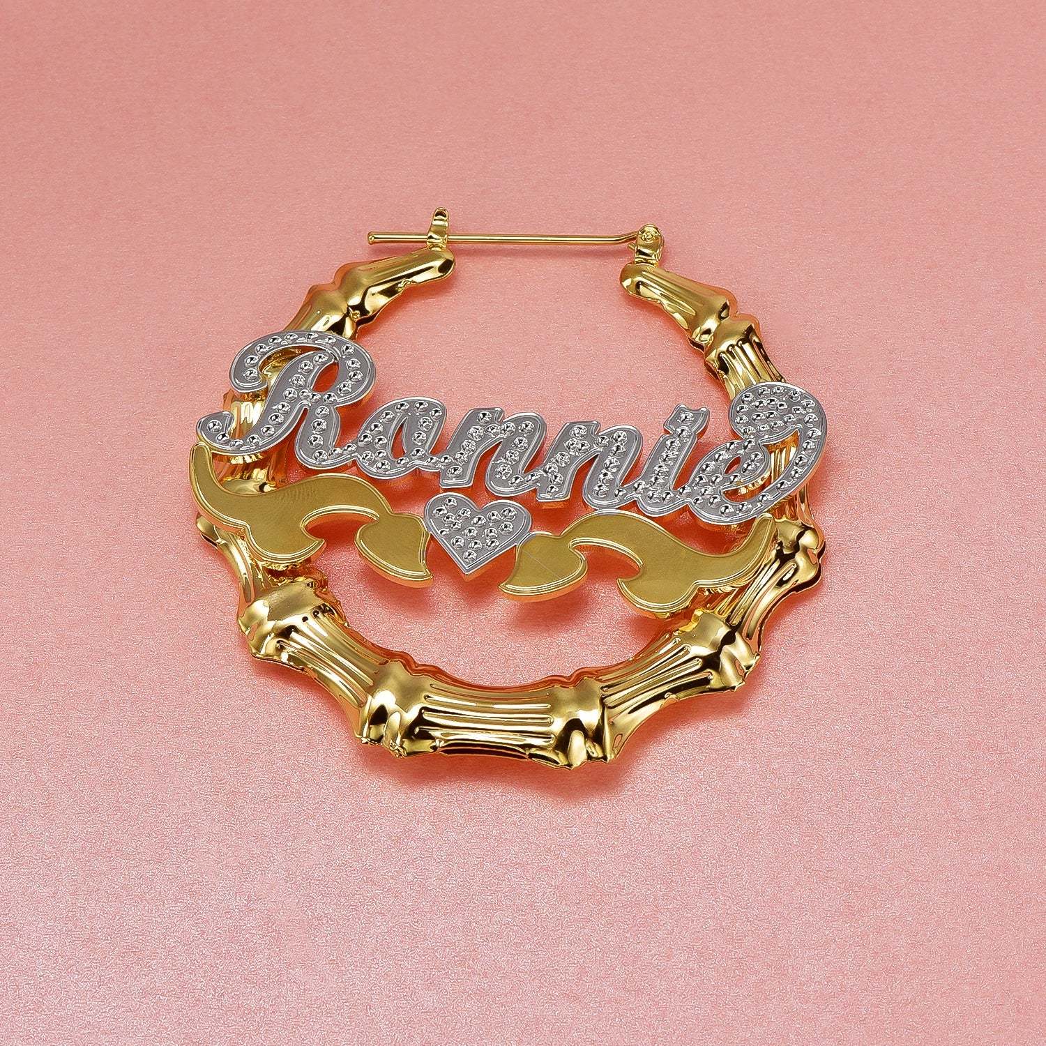 Two Tone Heart Gold Plated Bamboo Name Custom Earrings-silviax