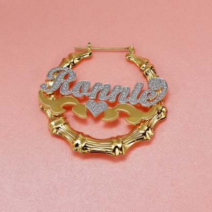Two Tone Heart Gold Plated Bamboo Name Custom Earrings-silviax
