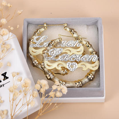 Two Tone Hollow Heart Bamboo Earrings Personalized Custom Gold Plated Name Earrings-silviax