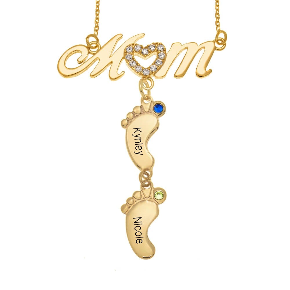 1 to 5 Baby Foot Mom Name Birthstones Gold Plated Personalized Custom Family Necklace Mother's Day Gift for Mom Women-silviax