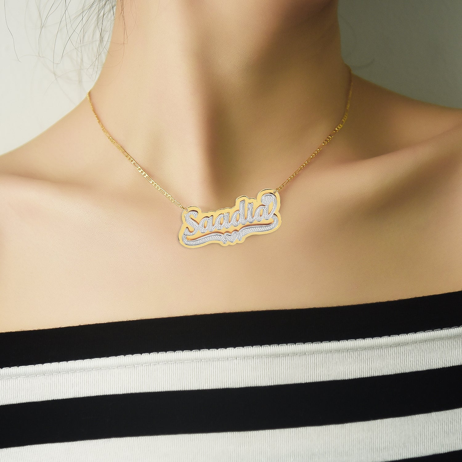 Heart Two-tone Name Ring Bracelet Earrings and Double Plate Necklace Gold Plated Custom Set-silviax