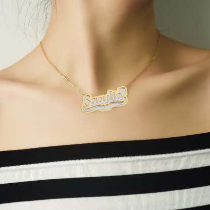 Two-tone Heart Personalized Custom Name Bracelet Ring Earrings and Double Plate Necklace Set-silviax