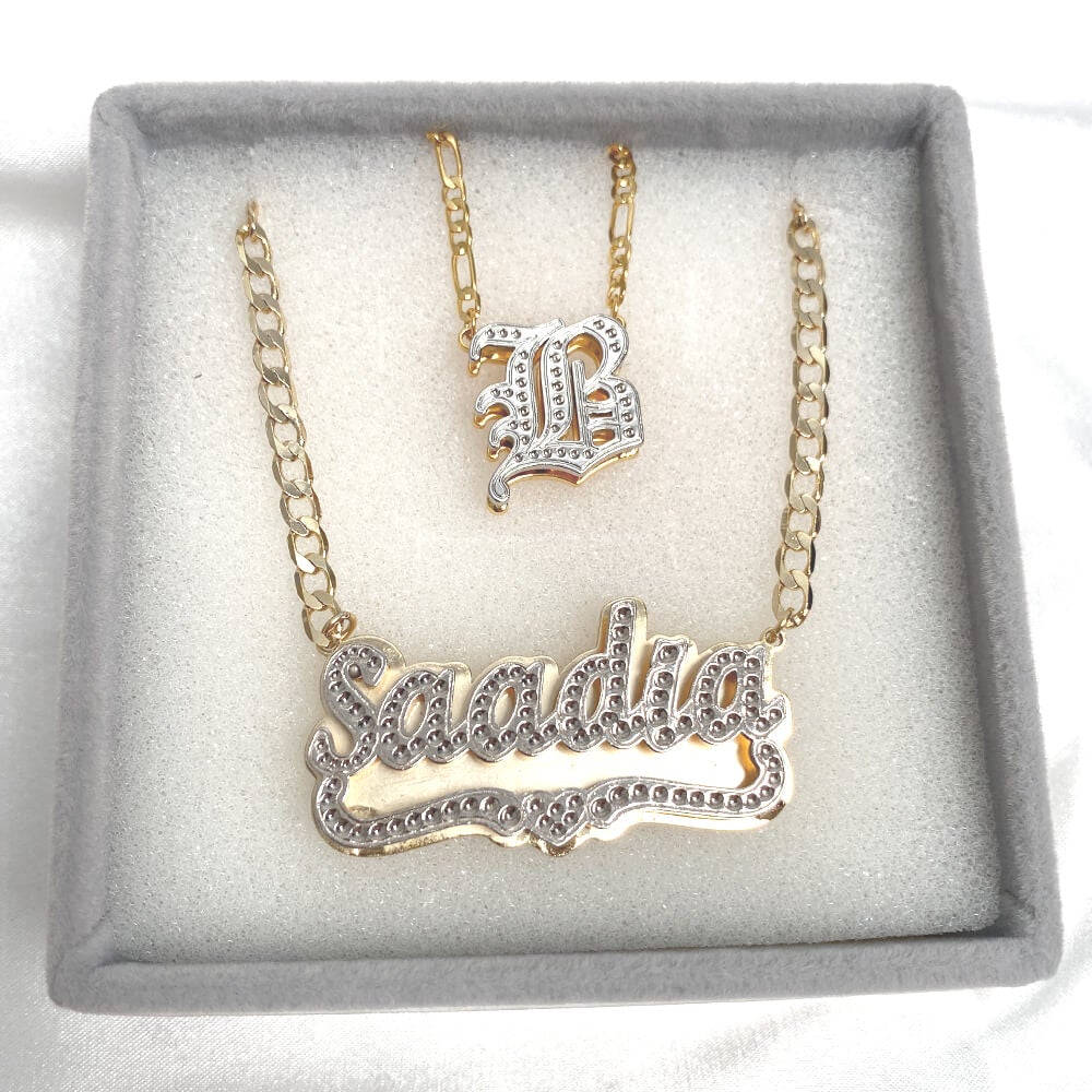 Double Layer Two Tone Heart Name Necklace And Initial Necklace Gold Plated Personalized Custom Set-silviax