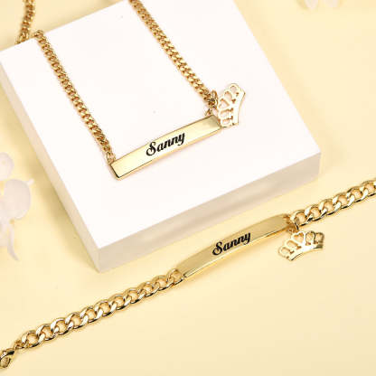 Gold Plated Personalized Custom Engraved Bar Nameplate with Crown Pendant Necklace and Bracelet Set-silviax