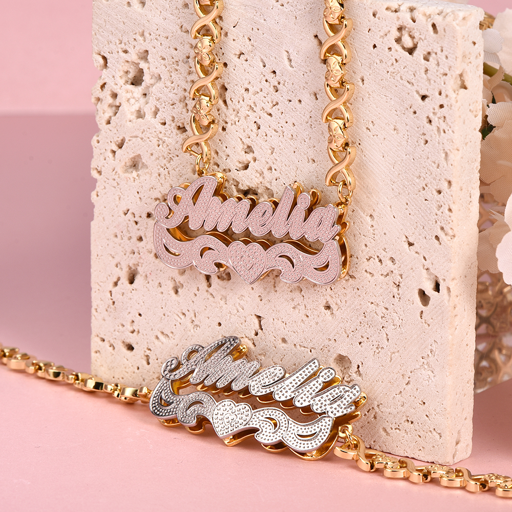 Double Layer Two-tone with Love Heart Custom Name Necklace and Bracelet Set-silviax