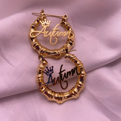 Princess Crown Nameplate Personalized Custom Gold Plated Bamboo Name Earrings Kids Gift-silviax